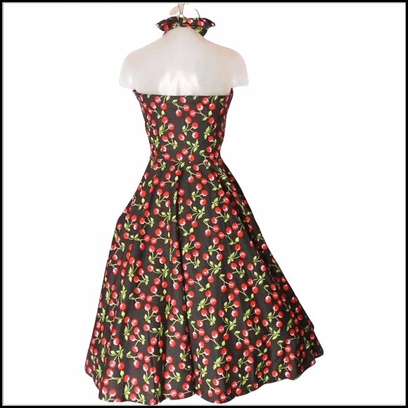50s STYLE Sun Dress Black Cherry Print PinUp  Fit Flare Halter is 90s Vintage - Picture 6 of 12